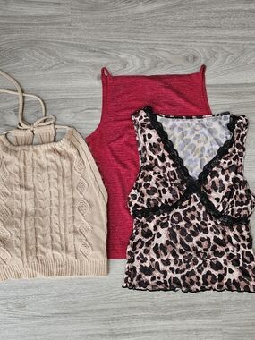 Leopard Lace Cami + Red Sparkle Tank + Kahki Knit Halter Top - Lot of 3